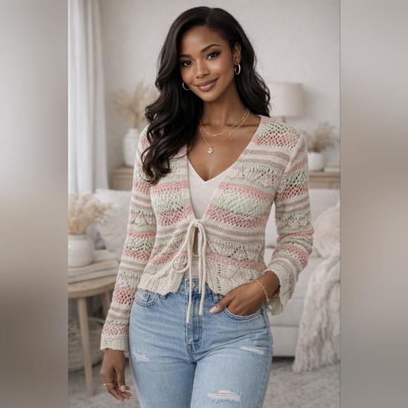 No Boundaries Sweaters - Boho Pastel Crochet Tie Front Cardigan Sweater XL Cottagecore Spring Bohemian